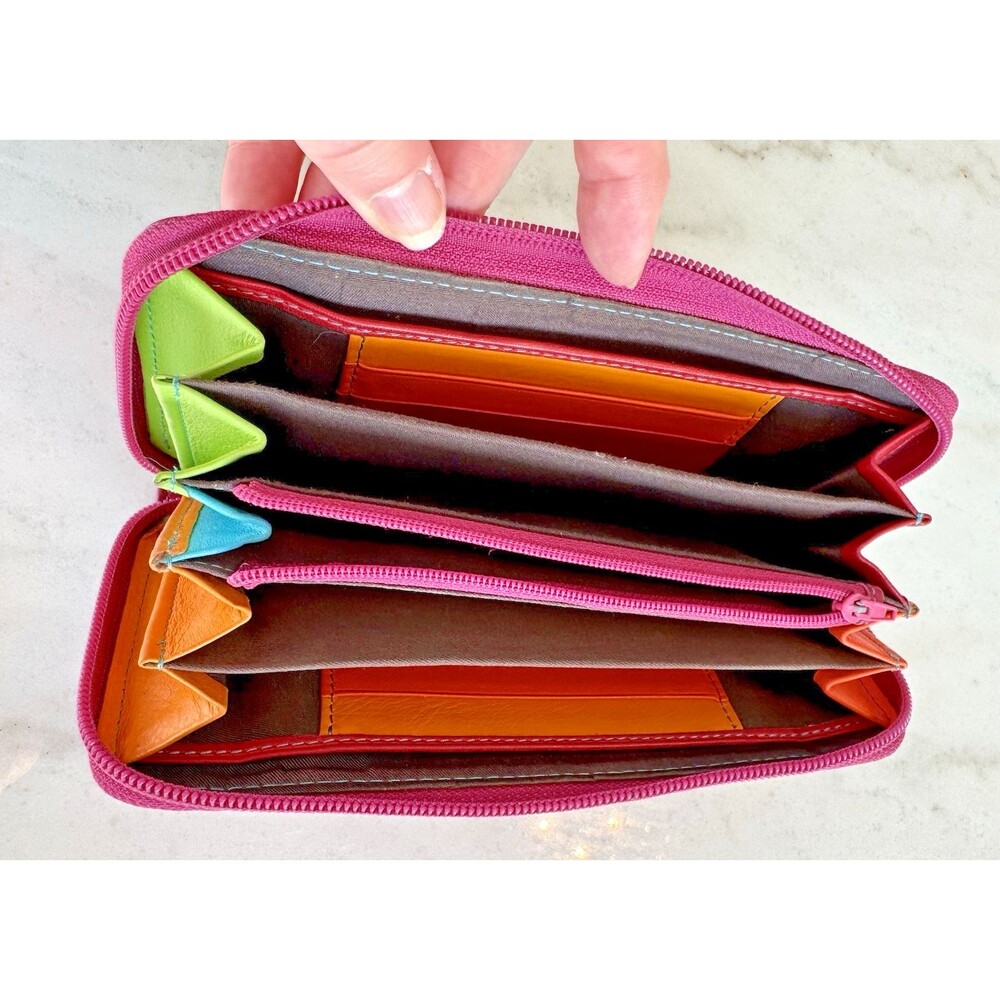 Soft Italian Leather Verde Pelle Large Zippered Wallet Clutch Burgundy Multi